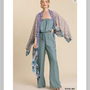 594. Mixed Floral Print Metallic Foil Detail Open Front Angel Wing Kimono